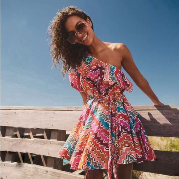 RHODE Ozzie Cotton Printed One Shoulder Dress in Multi Size Small - Picture 1 of 10